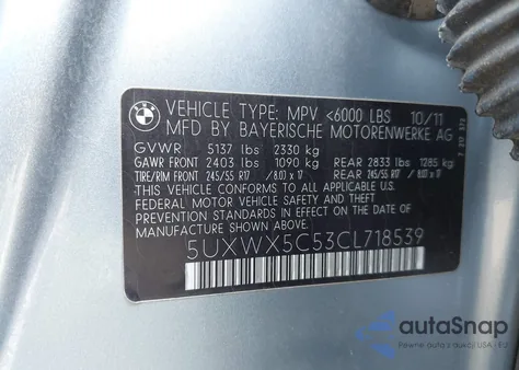 2012 BMW X3 xDrive28I z USA, uszkodzony, nr VIN 5UXWX5C53CL718539